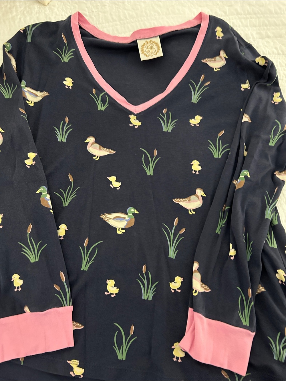 The Beaufort Bonnet Company Navy Duck-Print Pajama Set with Pink Trim - Picture 4 of 6